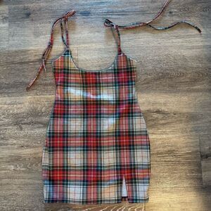 French Kiss Red Green Cream Plaid Pencil Skirt Size S Tie Strap Preppy